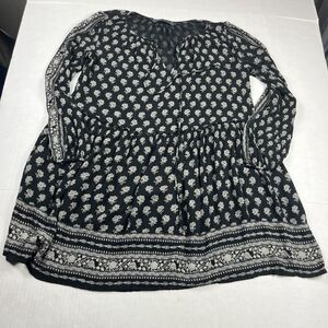 ZARA Trafaluc Long Sleeve Mini Tunic Dress Floral V-Neck Boho Drop Waist LARGE